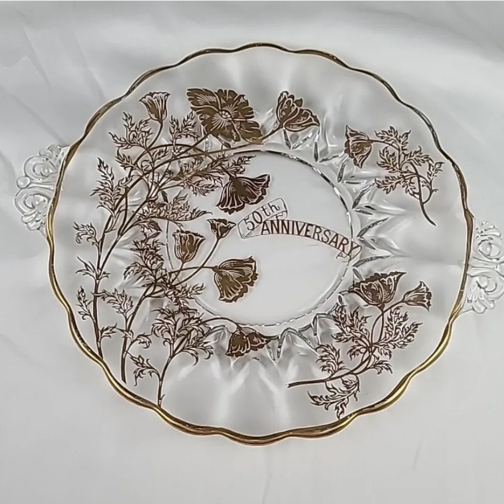 Vintage 50th Wedding Anniversary 22K Gold on Crystal Plate Dish